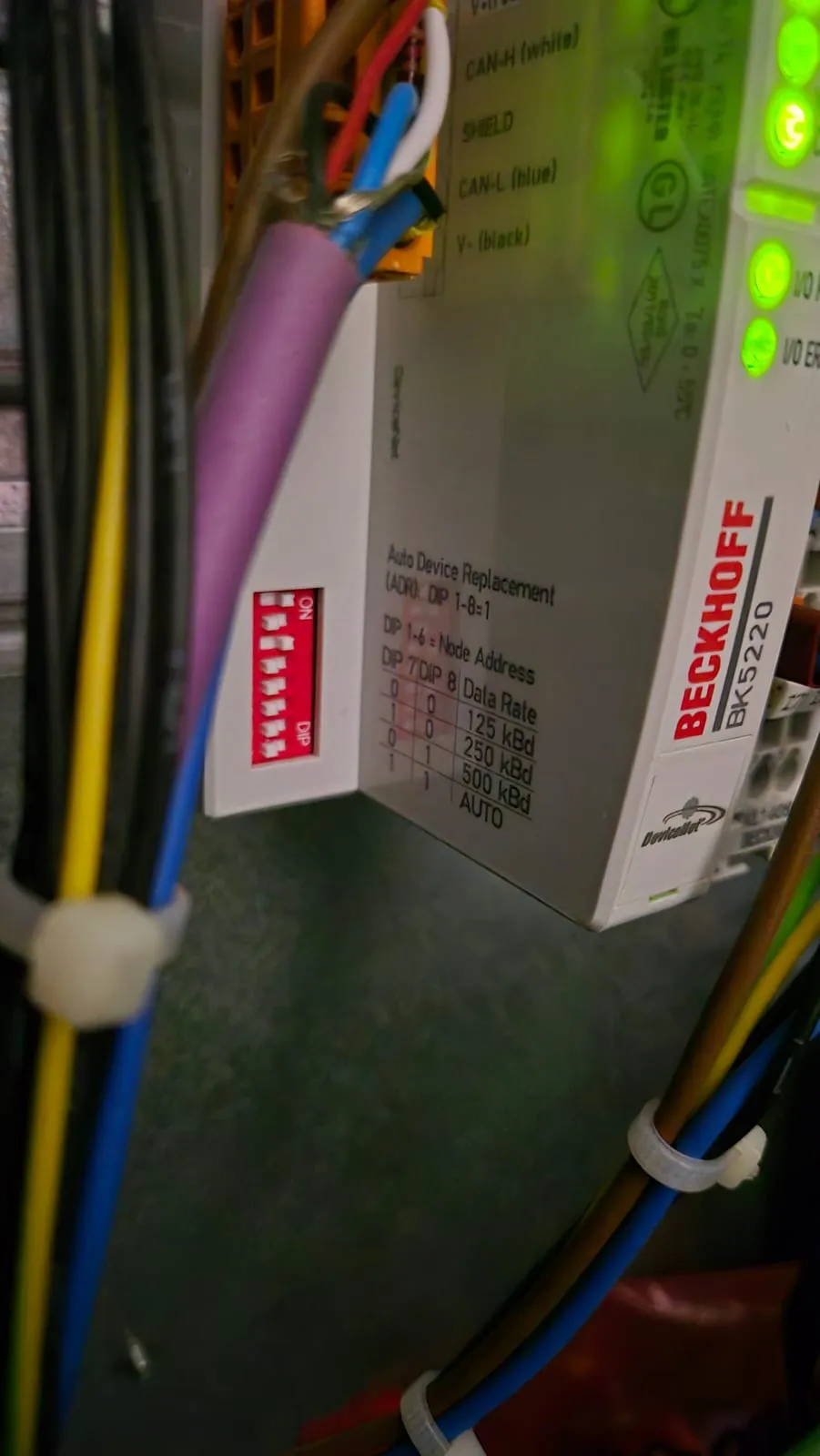 Il connettore DeviceNet con i conduttori colorati e le indicazioni stampate