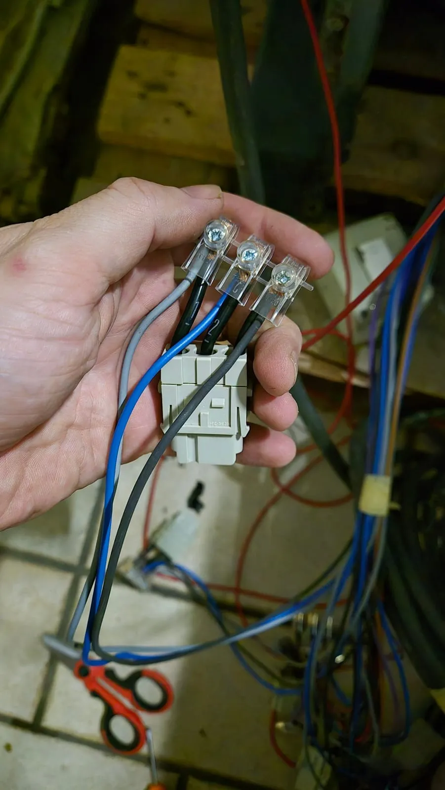 Un modulo del connettore con tre conduttori collegati tramite morsetti