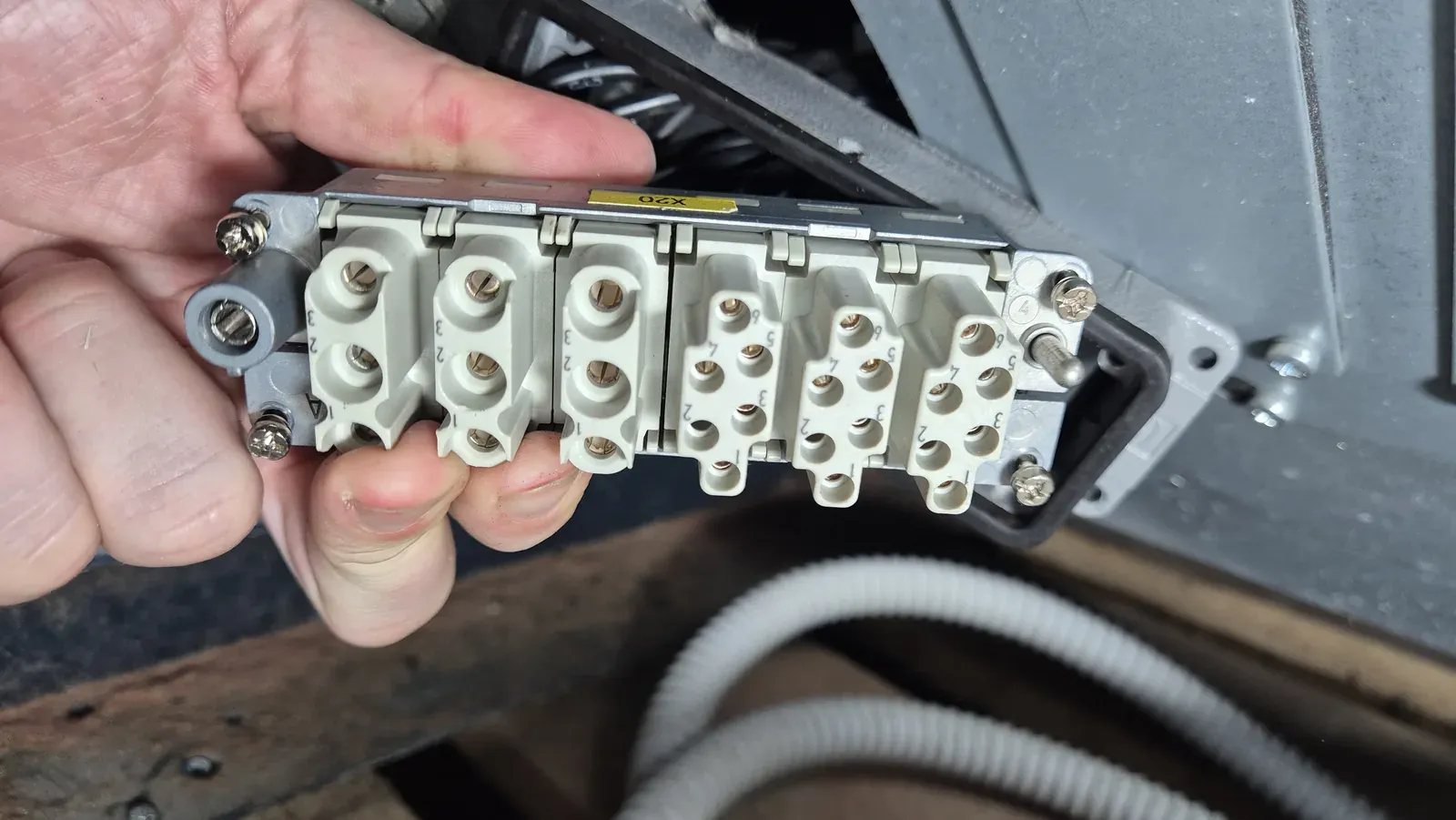 Il lato dei contatti del connettore X20, con i moduli bianchi allineati