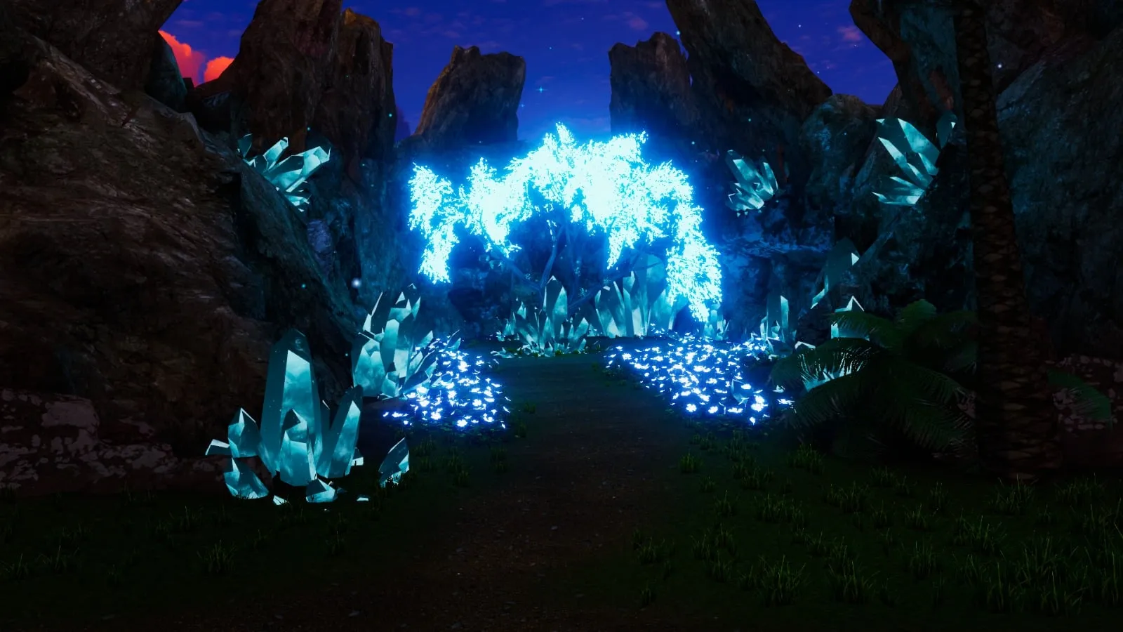 Un sentiero tra le rocce che porta a un albero luminoso azzurro, con cristalli e fiori luminosi ai lati