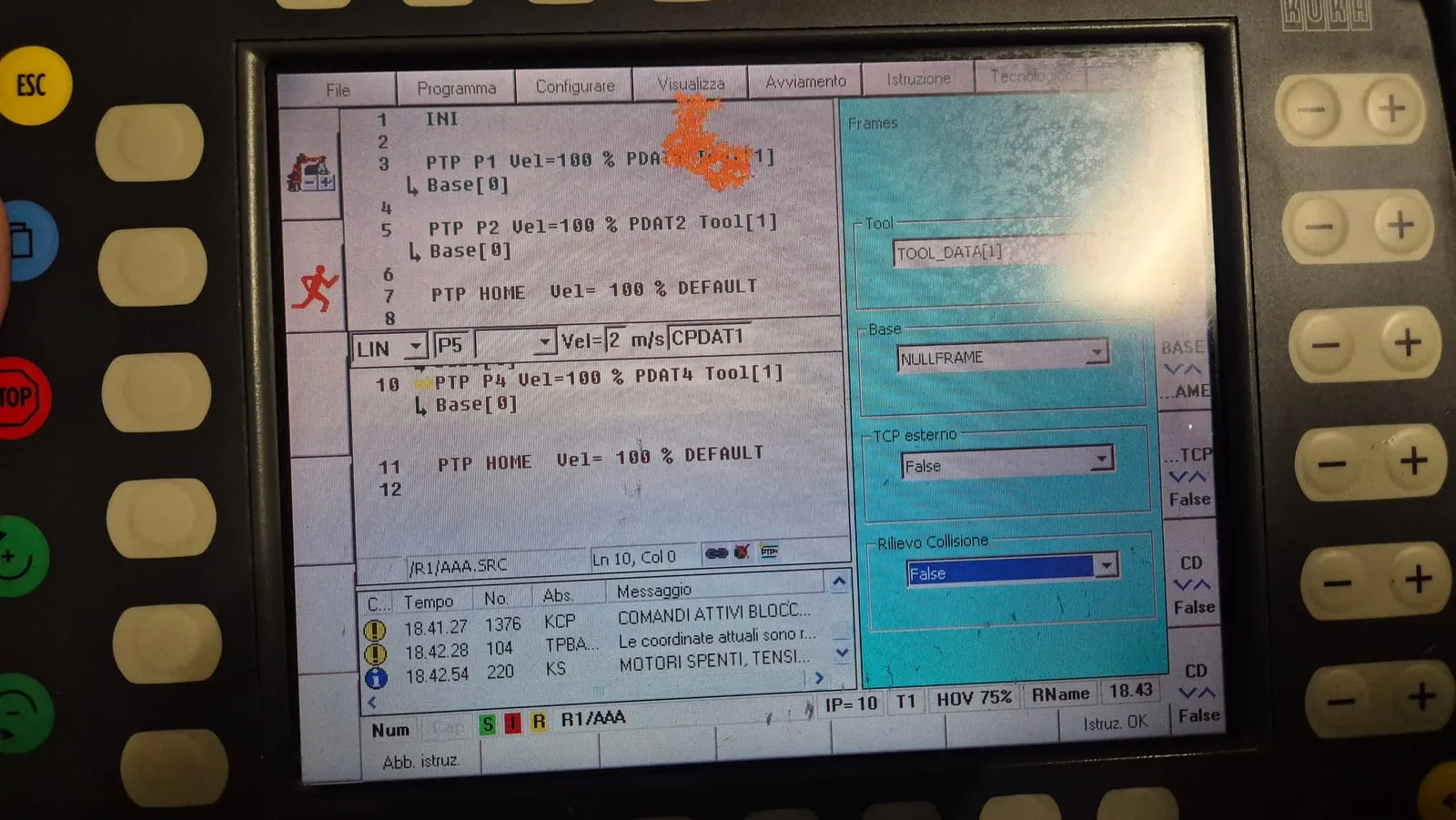 Il KCP con il programma AAA.SRC aperto in modalità T1