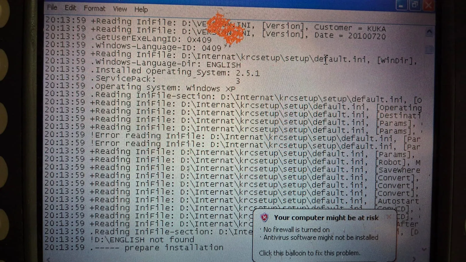 Il log dell’installazione con le righe di lettura dei file .ini
